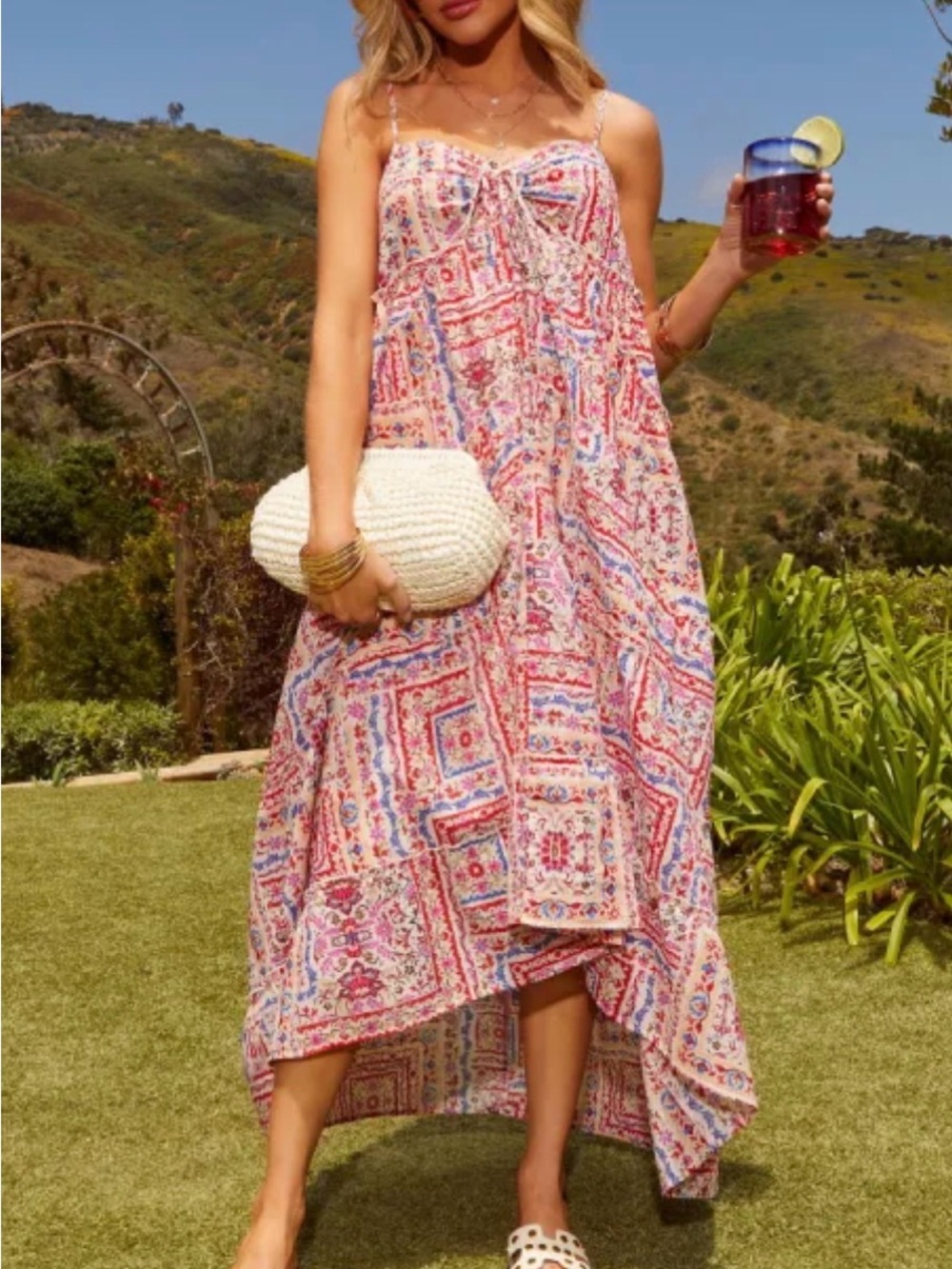 VICI Pink Multi Boho High-Low Spaghetti Strap Maxi Dress